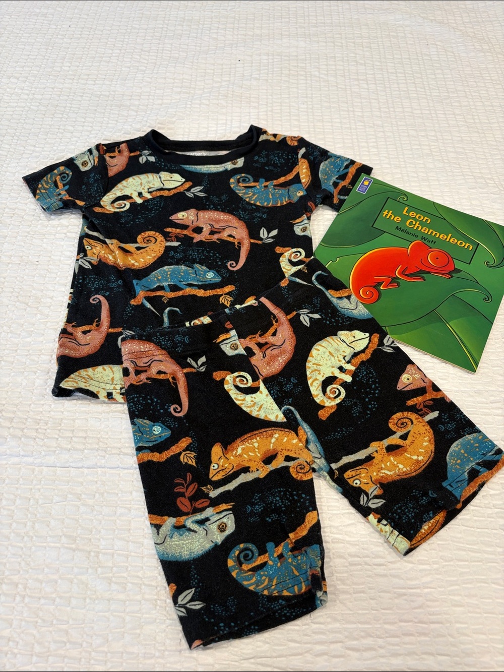 Carter’s Kids Black Chameleon Print Pajama Set & bonus book
Size 5
